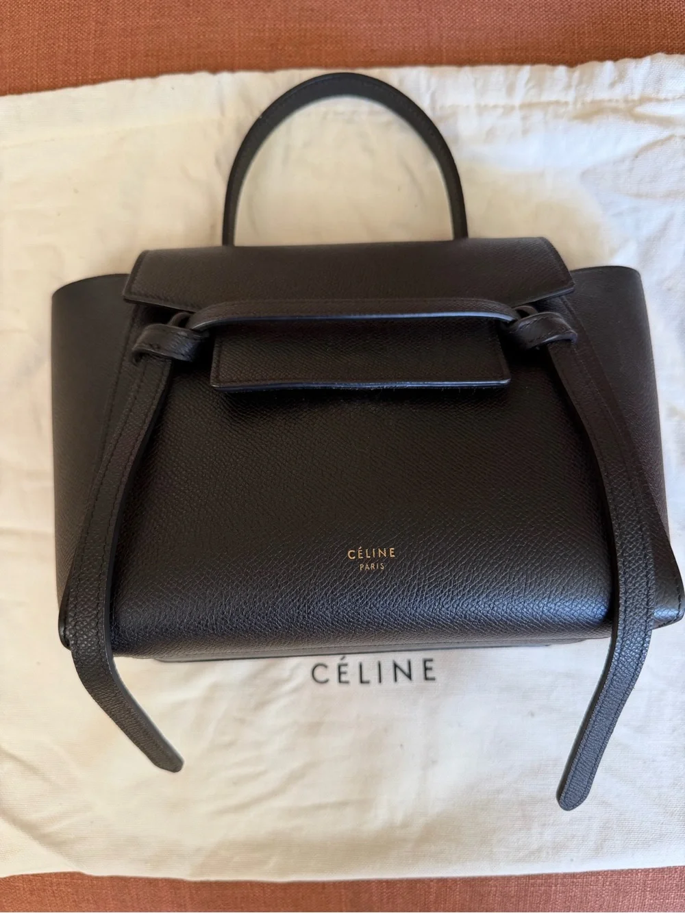 Celine Black Pebbled Leather handbag with Gold Logo